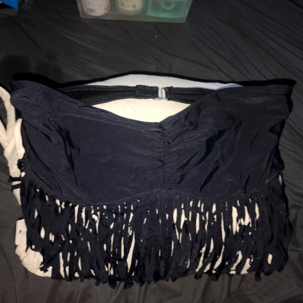 Apollo brand black bandeau bikini top w/fringe detail size L.  Top only.